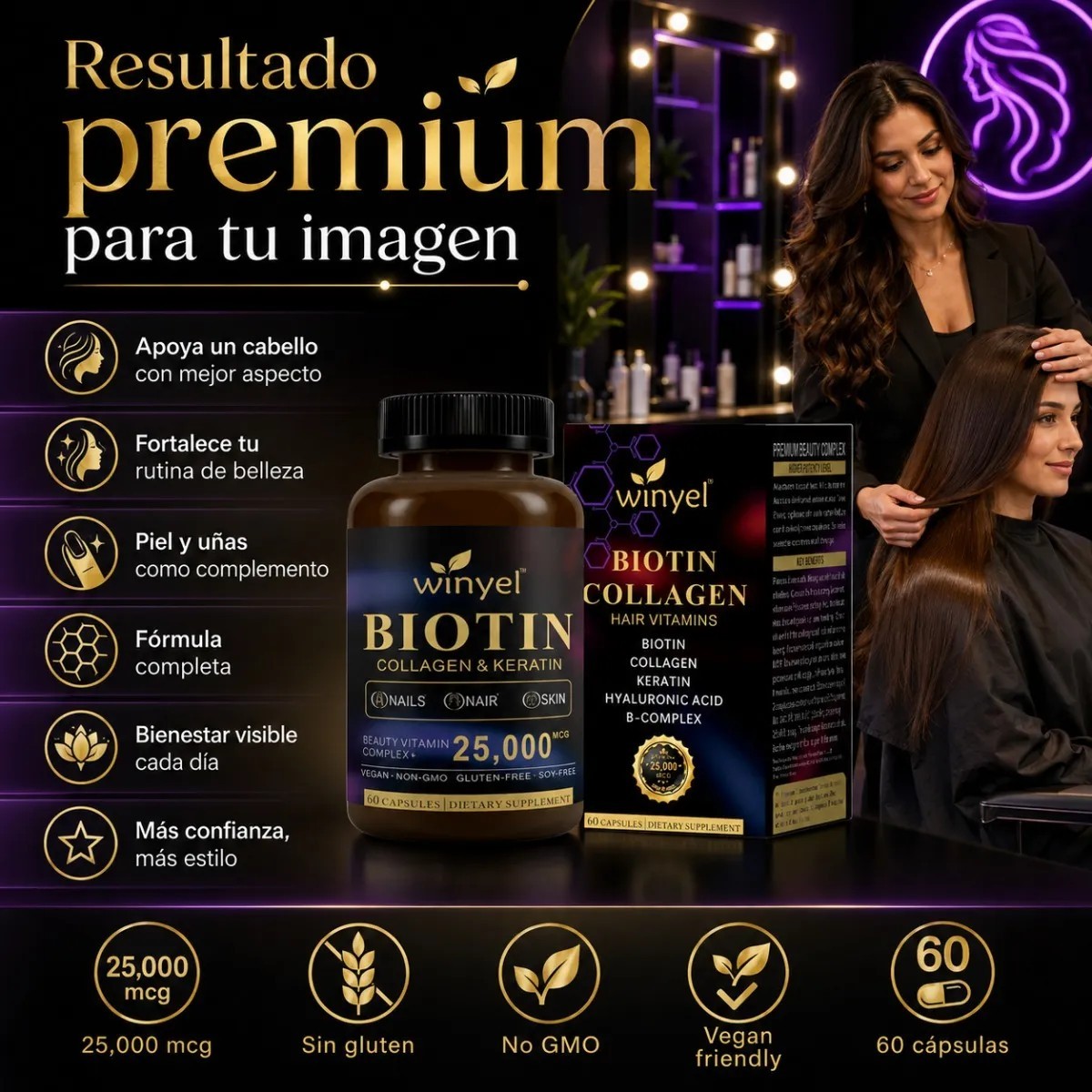 Biotina 25000 Mcg Con Colágeno Y Queratina 60 Cápsulas