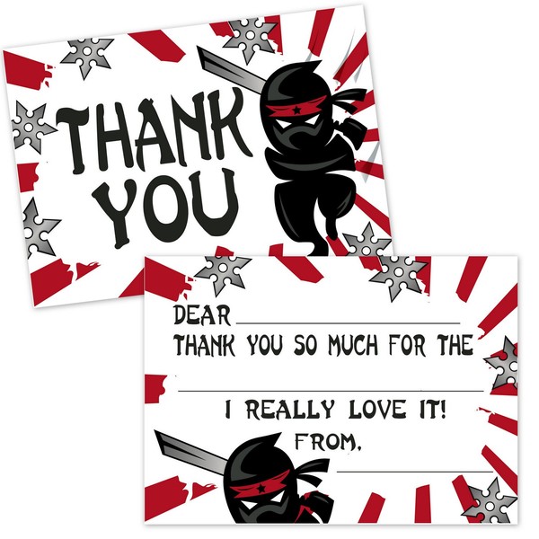 Ninja Samurai Fill in The Blank Thank You Cards for Kids (20 Count with Envelopes) - Boys Thank You Notes - Ninja Party Supplies