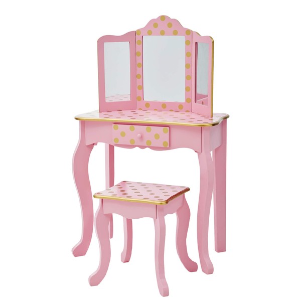 Teamson Kids Pretend Play Kids Vanity, Table & Chair Vanity Set with Mirror, Girls Makeup Dressing Table with Storage Drawer & Polka Dot Print, Gisele Collection, Pink/Gold