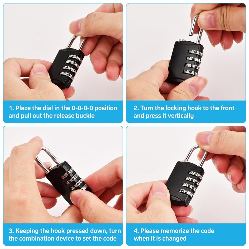 Pack of 4 Padlock Combination Lock, 4 Digit Padlock with