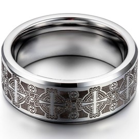 JewelryWe 8mm Triton Men's Tungsten Carbide Engagement Ring Comfort Fit Laser Etched Cross Wedding Band: UK Size - V