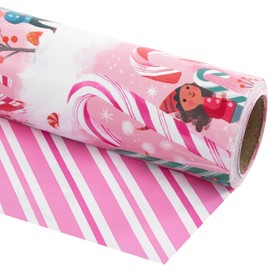 LeZakaa Reversible Christmas Wrapping Paper - Pink Elf Cane Candy and Pink White Stripes for Christmas, Holiday, Party - 17 inches x 32.8 Feet (46.45 sq.ft.)