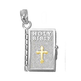 925 Sterling Silver Religious Charm, 3-D Holy Bible Book & 14k Gold Cross, Lord's Prayer Inside