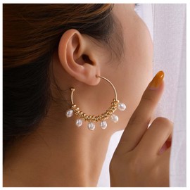 Cimenexe Bohemia Pearl Hoop Drop Earrings Gold Pearl Beads Hoop Earrings Pearl Hoop Huggie Earrings Vintage Pearl Circle Earrings Jewelry for Women and Girls Gifts