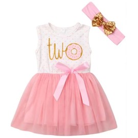 Two Year Old Birthday Dress, Pink Tulle Skirt with Gold Donut Design, Sleeveless with Matching Bow Headband