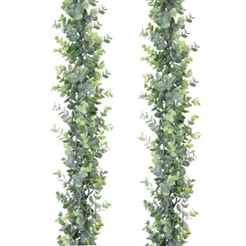DearHouse Faux Eucalyptus Garland Plant, 2 Pack Artificial Vines Hanging Eucalyptus Leaves Greenery Garland for Wedding Backdrop Arch Wall Decor, 6 Feet/pcs UV Protected Indoor Outdoor