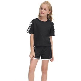 BOVOSHA Girls Summer Clothes Kids Outfit Short Sleeve Crop Top ＋ Plaid Shorts Set Kids Sports Tracksuit (Black, 7-8 Years)