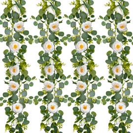 Zaphyron 2 Stück Künstliche Blumengirlande 1,8m Eukalyptu Kunstblumen Girlande eukalyptus deko Hängend Weiß Rosen Girlande Seidenblumen für Hochzeit Blumenwand Esstisch Garten Weihnachts Frühlingsdeko