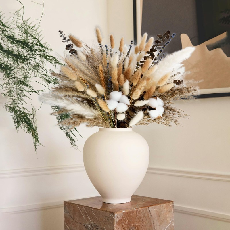 Natural Dried Flower Bouquet - Pampas Grass, Cotton Stems, Bunny