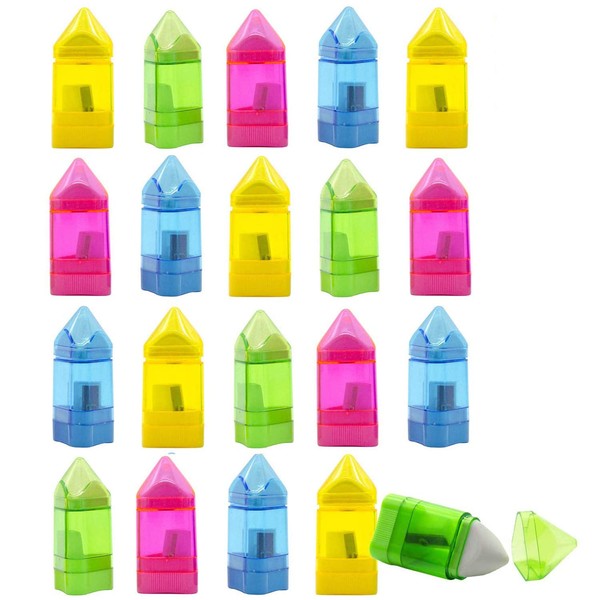 20 PCS Manual Pencil Sharpener with Eraser -Single Hole Triangular