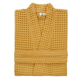sea me at home 100% Cotton Waffle Kimono Bathrobe for Men & Women, Cozy Leisurewear with Functional Pockets, Comfortable Robe for Relaxation (Mustard)