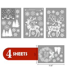 Mfault Merry Christmas Reindeer White Window Clings 4 Sheets, Xmas Tree Wreath Ornament Ball Snowflake Stickers Decals Decorations, Winter Holiday Home Kitchen Decor
