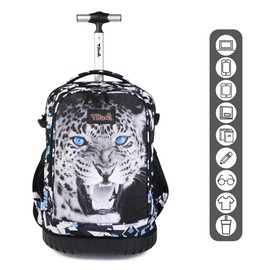Tilami Rolling Backpack, 18 inch Shoulder Drop, Concealed Pockets and Wheel Cover, Laptop Backpack for Boys and Girls, Leopard Black