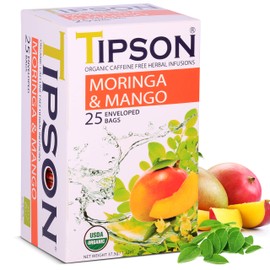 Tipson Organic Moringa Caffeine Free Herbal Tea - Mango Flavor - 25 Premium Double Chambered Bags -Superfood Tea - Keto/Paleo Diet Compatible