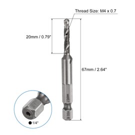 sourcing map Combination Drill and Tap Bit, Metric M4 x 0.7 Thread 1/4" Hex Shank, Threading Screw Taps Spiral Flute Machine Drilling Tapping Tool, High Speed Steel (HSS) 6542
