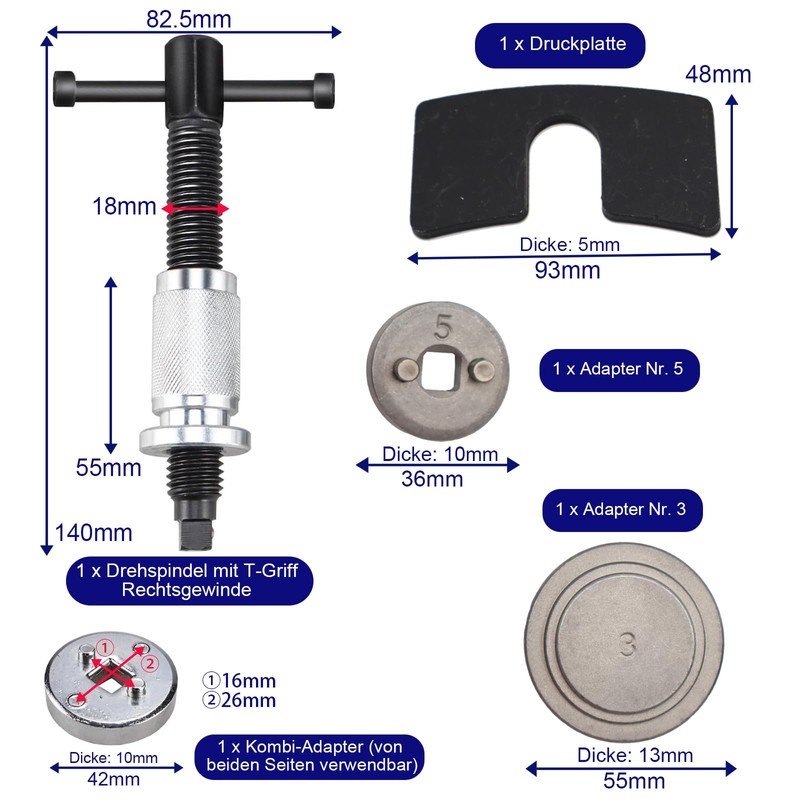 DASBSTE 5-Piece Universal Brake Piston Reset Set, Right-Hand Rotating Piston
