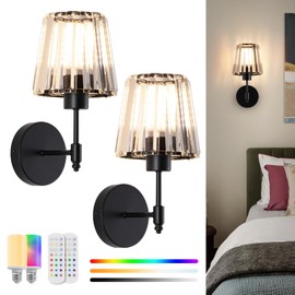 EIDISUNY Battery Operated Crystal Wall Sconces Set of 2, Wireless Wall Lamp with RGB Rechargeable Dimmable Bulbs, Modern Wall Sconce with Remote for Bedroom, Living Room, Bulbs Included(Black)