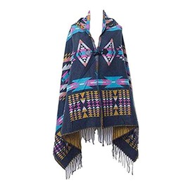 MeiPing Women's Fashion Croissant Button Bohemian Fringe Blended Cashmere Hooded Cape, Marine01