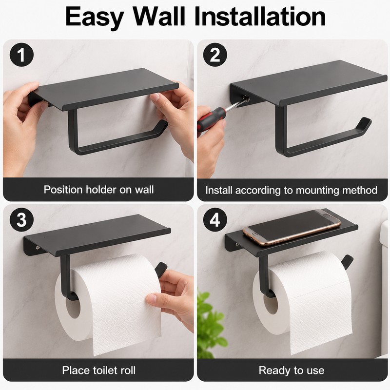 Stainless Steel Toilet Paper Holder with Phone Shelf – Wall