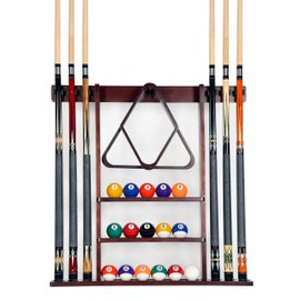 Iszy Billiards Pool Cue Rack - Billiard Pool Stick and Ball Holder Only - 100% Wood Wall Mount Holds 6 Cues and 16 Balls - Pool Table Accessories, Mahogany
