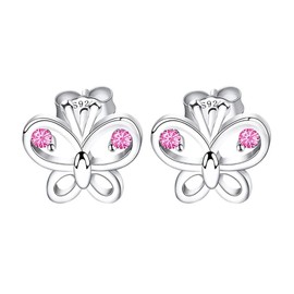 Kaguyo Butterfly Earrings for Women - 925 Sterling Silver Clear and Pink Amethyst CZ Cute Butterfly Stud Earrings for Women and Girls, Birthday Gift (pink)