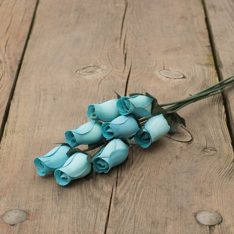 Light Blue Roses Bunch of 8 Closed Bud Wooden Roses