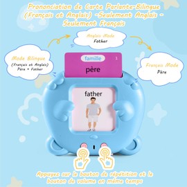 448 French Speaking Flash Cards for Kids, Flashcards for Children from 2 to 6 Years, Baby Word Learning Card, Motami French with 3 Language Modes - French/English/Bilingual Blue