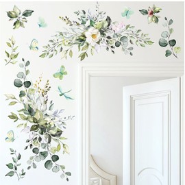 Green Leaves Wall Decal Plant Wall Decals Peel and Stick Decals Rustic Vines Wall Art Murals Butterflies Flower Sticker Boho Hanging Leaves Wall Stickers for Living Room Bedroom Bathroom Nursery Decor