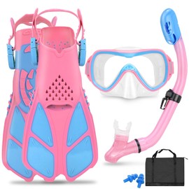 Kids Snorkel Set Mask Fins-Panoramic Snorkel Mask+Dry Top Snorkel+Adjustable Swim Fins+Mesh Bag+Earplugs for Boys Girls, Junior Snorkeling Gear for Kids Ages 5-14 Years (Pink)