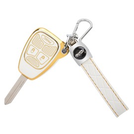 TOMALL for Jeep Key Fob Cover with Keychain, 3 Buttons Soft TPU Key Fob Protector Compatible with 2007-2018 Wrangler Compass Patriot, Dodge Avenger Ram Durango Dakota Chrysler Aspen Sebring, White