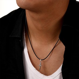 ONBRIG Cross Necklace for Men Leather Necklace for Mens Waterproof Rope Stainless Steel Cross Pendant Dagger Necklaces for Men (dagger-pendant)