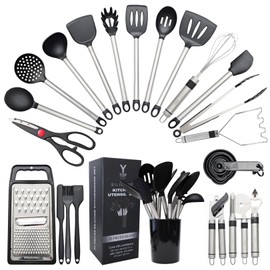 Silicone Kitchen Utensils Set 33 PCS silicone utensils set for cooking with Stainless Handles - Heat Resistant Food Grade Utensil Sets, BPA Free Kitchen Gadgets Tools Set for Nonstick Cookware (Black)