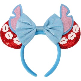 UNKJIN Mouse Ears Headband, Sequin Ears Headband with Bow, Thick and Comfortable Hair Accessories for Party Decoration Cosplay Costume (ST Red)
