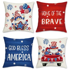 Bonhause 4th of July Independence Day Throw Pillow Covers 18 x 18 Inch God Bless America Flag Patriotic Star Truck Gnome Decorative Pillow Cases for Memorial Day Home Decor Set of 4