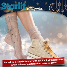 AVIAN LEGS Mist Grey Elegance: Women Sheer Slouch Tulle Socks | Shiny Glitter Novelty Decorated Loose Socks with Stars & Moon - Ankle High 1 Pair (US sizes 5-8)