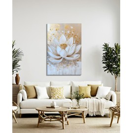 Lotus Canvas Wall Art Zen Wall Decor Framed White and Gold Lotus Flower Picture Meditation & Relax Painting Prints Spiritual Room Living Room Bathroom Ready to Hang(Art-17,12.00"x18.00")
