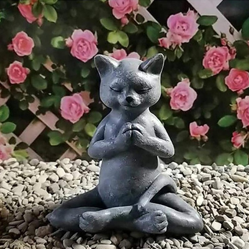 Buddha Cat Statue Zen Prayer Pose Home Memorial Decor Meditation