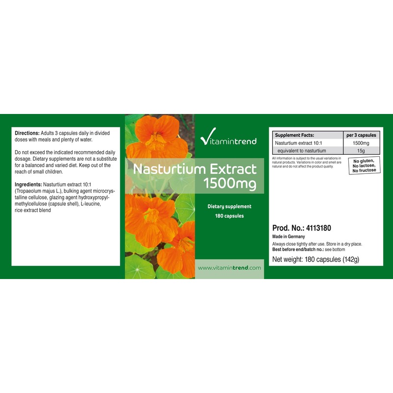 Nasturtium Extract 1500 mg - 180 Capsules - Vegan -