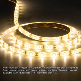 JUNWEN 50ft Warm White Led Strip Lights, 12V Waterproof Flexible Led Light Strip, Cuttable Dimmable led Rope Tape Light Indoor for Bathroom, Fish Tank, Bedroom, Kitchen