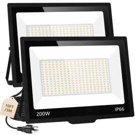SHGPODA 2 Pack 200W LED Flood Light, 24000LM Brighter Security Lights with Plug + 10ft Cord, IP66 Waterproof Outdoor Lights, 5000K White Floodlight for Yard, Garden, Stadium, Playground, Arena