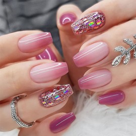 Press on Nails Short Coffin Fake Nails Gradient False Nails with Silver Glitter Designs Purple and Off White Full Cover Acrylic Nails Glossy Stick on Nails for Women & Girls 24 Pcs