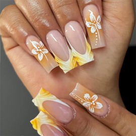 RTKHFZE Long Press on Nails Square Shape Fake Nails with Flower and French Tip Design,Nude Glue on Nails Gift for Holiday/Christmas Day/Daughter/Party/Valentine'S Day