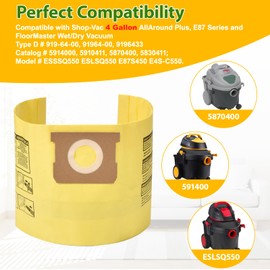 91964 Type D Dust Filter Bags Compatible with Shop-Vac 4 Gallon Wet/Dry Vacuum, Replacement Bags 9196400 and 9196433 for High Efficiency Dust Collection and Easy Cleanup (12 Pack)