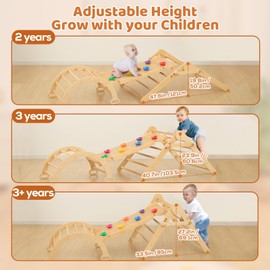 FUNLIO Foldable Pikler Triangle Set, Montessori Climbing Set with Solid Wood for Toddlers 2-5 yrs, Adjustable 5-in-1 Indoor Play Gym with Arch/Slide/Climbing Rock/Triangle, Easy to Install-Medium Size