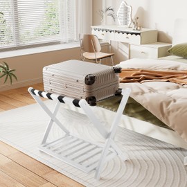 VRFRSX Luggage Racks,Wooden Luggage Rack Stand,Folding Suitcase Stand with 5 Heavy-Duty Straps,Wooden Luggage Holders with Storage Shelf for Bedroom, Hotel,Easy Assemble(White)