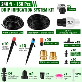 Aurelema 240FT Drip Irrigation System with 25 PSI Pressure Regulator, Adjustable Watering System for Garden, Raised Beds, Greenhouse Plant Automatic Drip Irrigation Kit with 1/4" and 1/2" Tubing Hose
