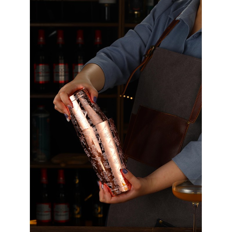 Weighted Boston Shaker Cocktail Shaker Etched with Tiki Imagery (Copper