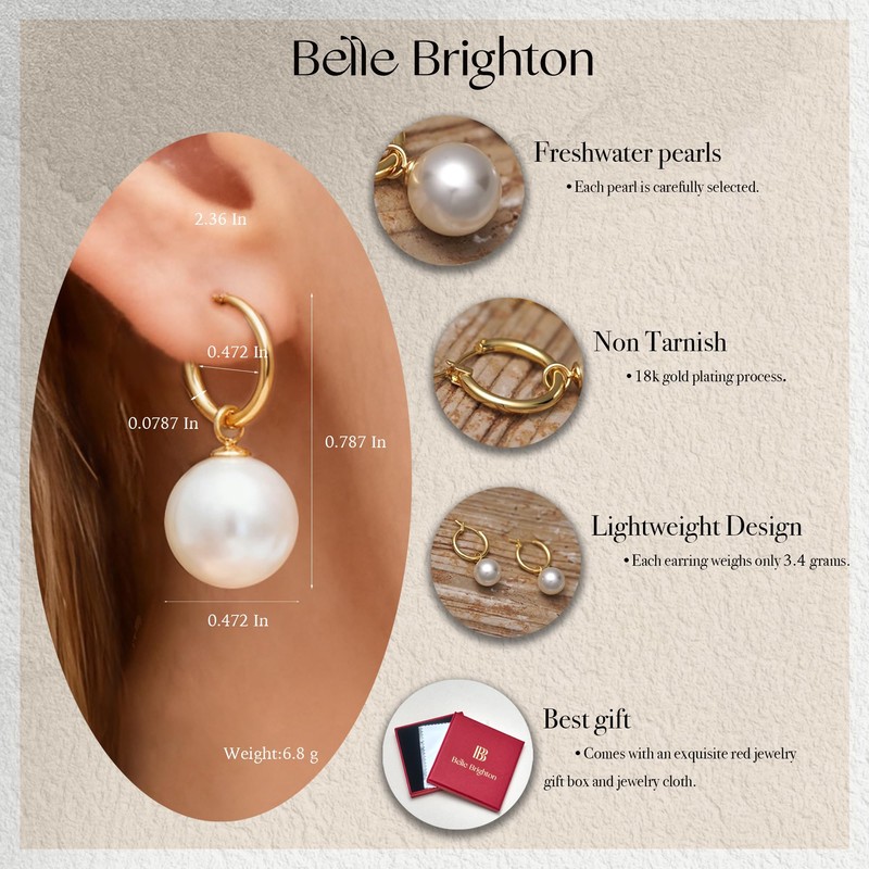 Pearl Hoop Earrings for Women, 18K Gold Plated Huggie Drop