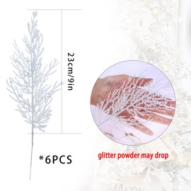 Felice Arts 6 Pack Artificial Flat White Glitter Pine Needles 13" Fake Christmas Picks Decorative Glitter Sticks for Vase Christmas Tree DIY Wreath Crafts Fireplace Decor