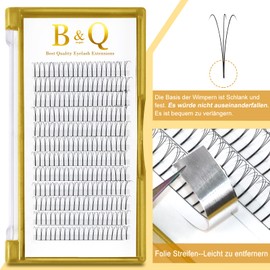 B&Qaugen Pre-made Eyelash Fans, 3D-C-0.10-15 Long Foot, Pre-made Fans, Eyelash Extensions, 0.10 Thickness, C Curl, 8–15 Individual Lengths, 3D Eyelashes, Volume Technology, Matte Black (3D-C-0.10, 15